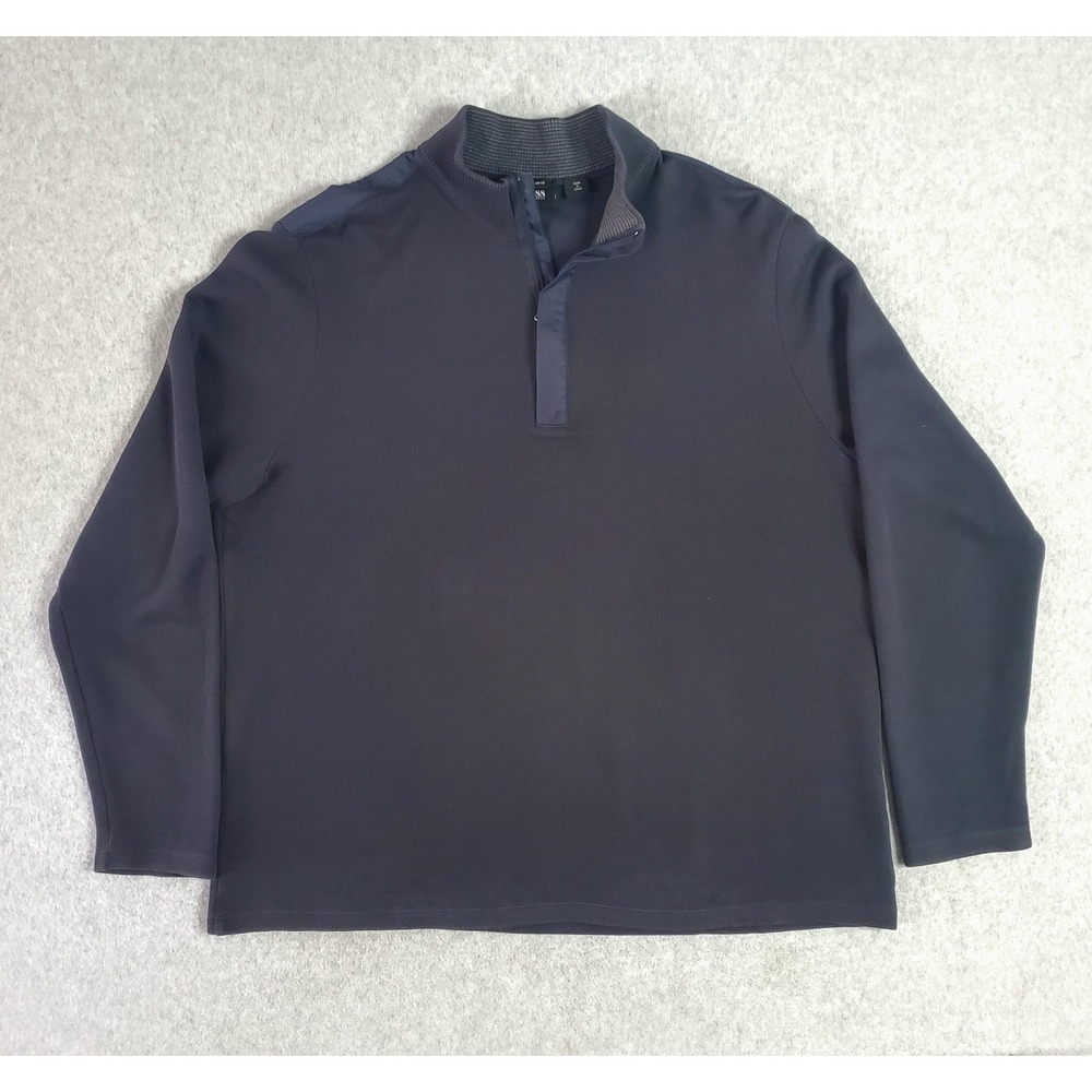BOSS Hugo Boss Sweater Mens 2XL Gray w/Blue Mock Neck 1/4 Zip Rib Knit Pullover